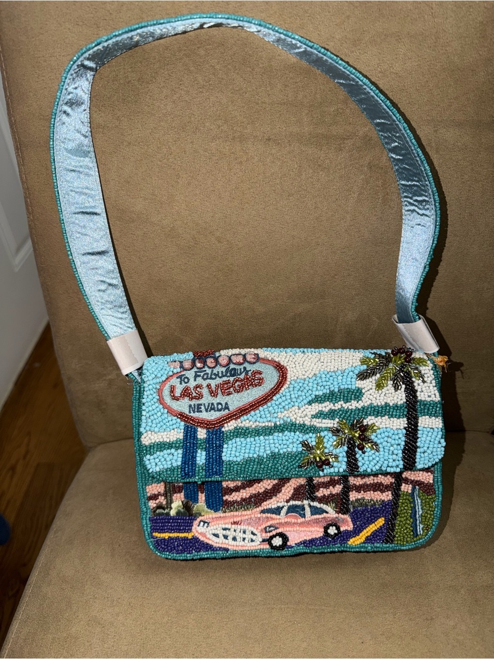 Beaded Las Vegas Motif Shoulder Bag in Teal and Pink